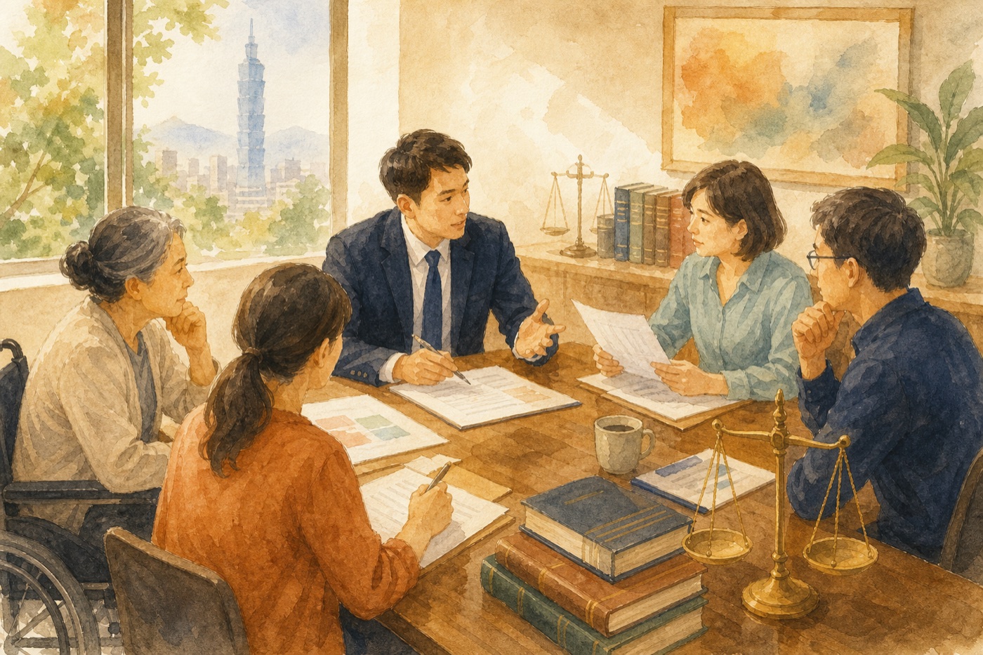 法律工作者與公民倡議者在明亮會議桌旁討論權益文件